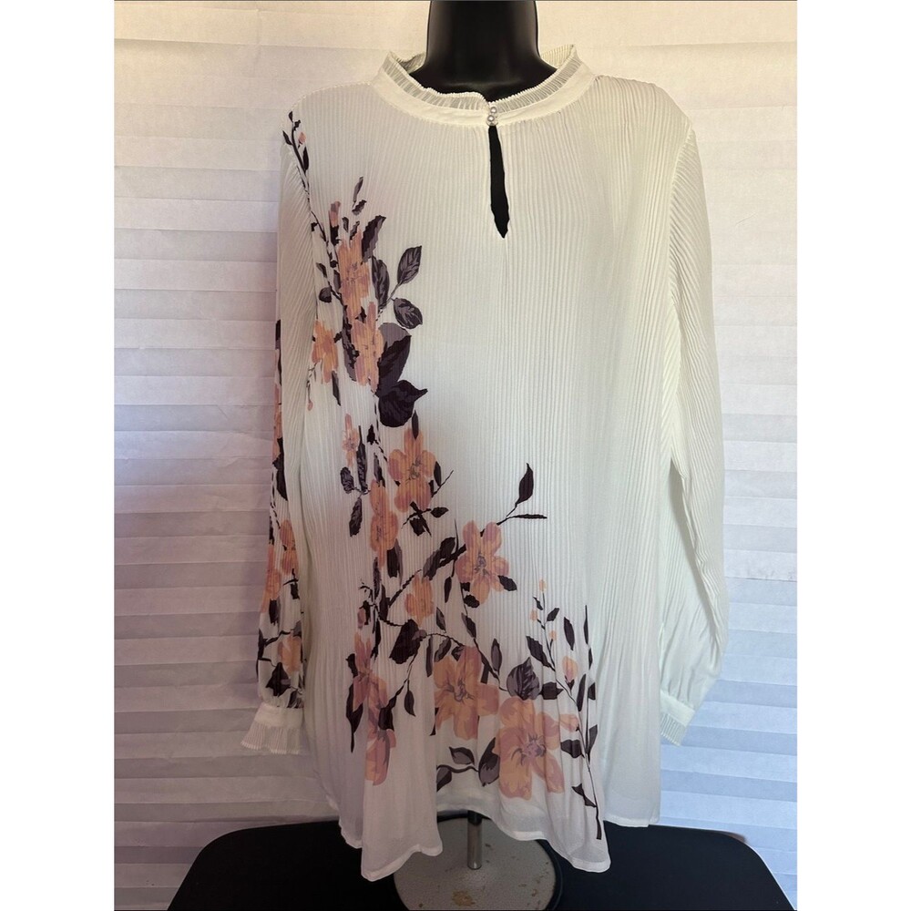 Midnight Velvet Women's White Pleated Floral Print Blouse Size XL